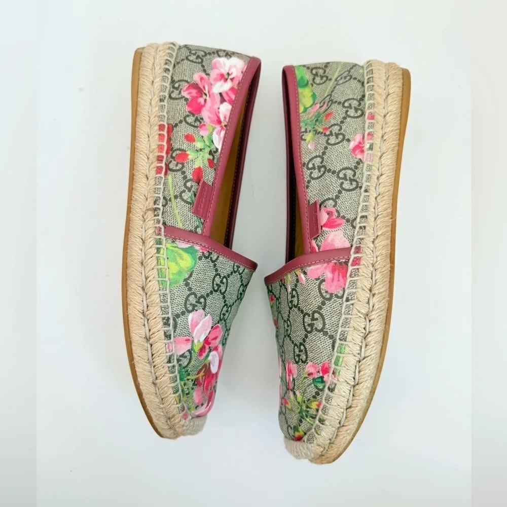 Gucci Pink Bloom Floral Print Logo Monogram Canvas Espadrilles Flats EU 38.5